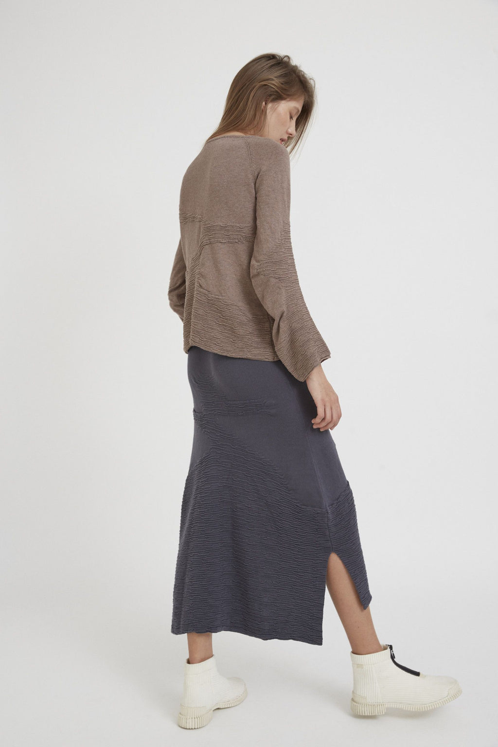 Textured Bark-Inspired Cotton Sweater: Loose Fit, Wide Neck, Voluminous Sleeves