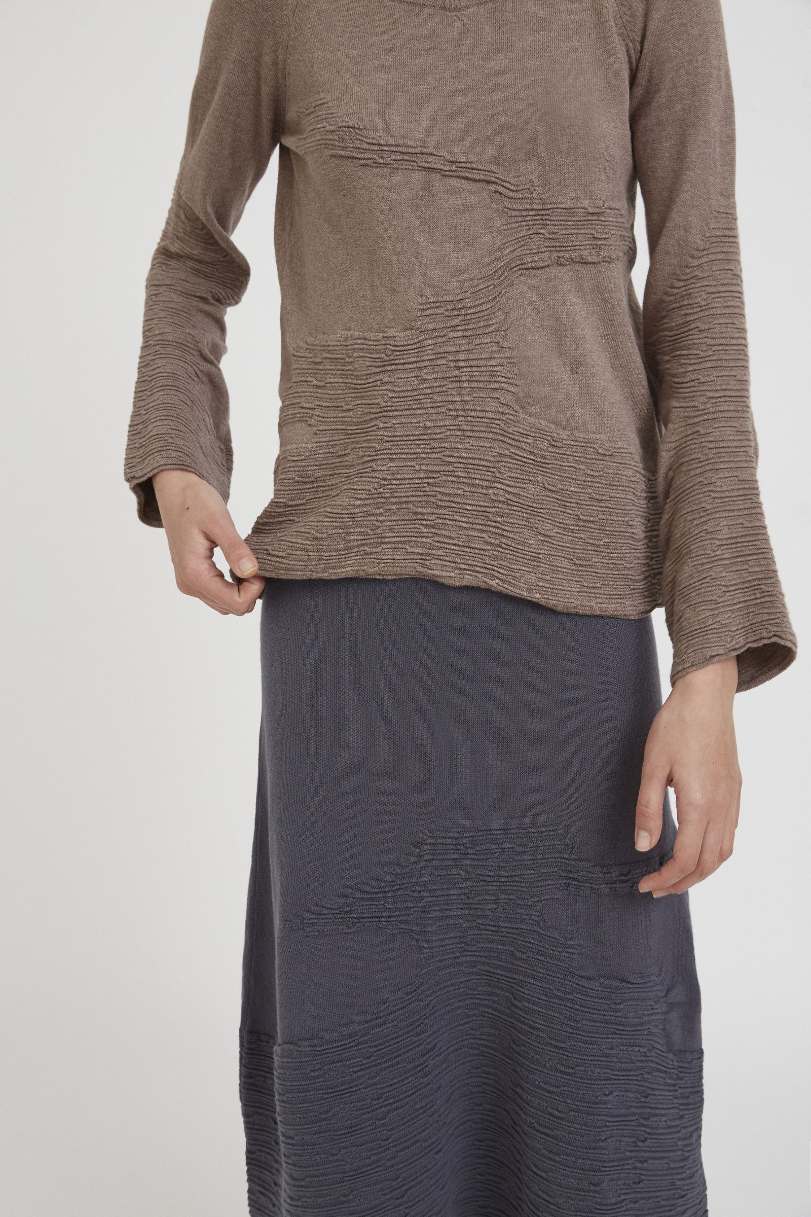 Ester Ferrando Bark Skirt: Textured Midi with Asymmetrical Hem, 100% Cotton Comfort