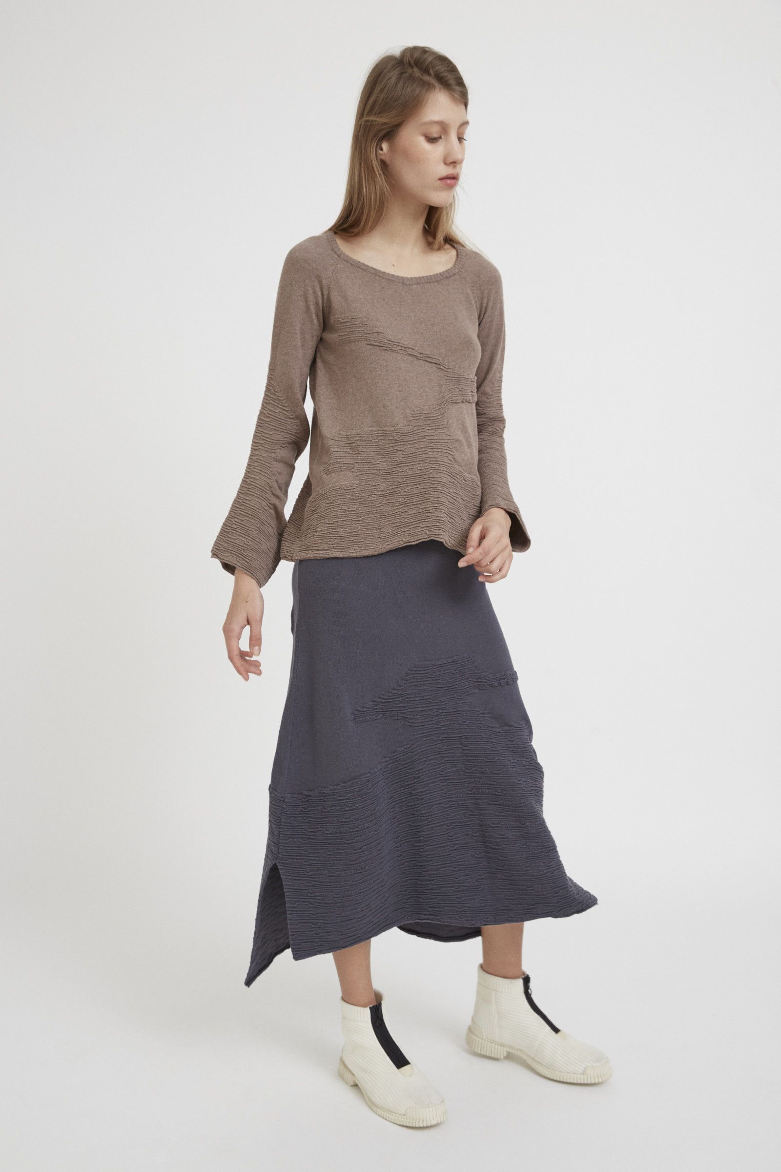 Textured Bark-Inspired Cotton Sweater: Loose Fit, Wide Neck, Voluminous Sleeves