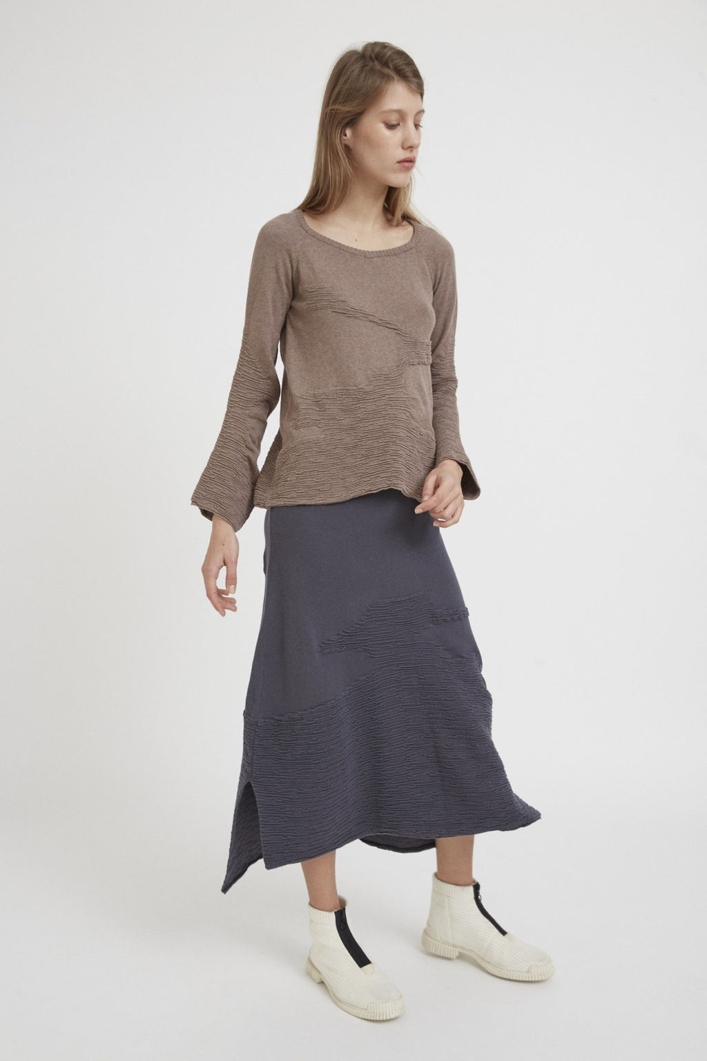 Ester Ferrando Bark Skirt: Textured Midi with Asymmetrical Hem, 100% Cotton Comfort