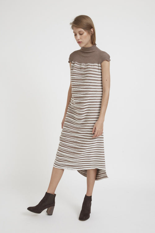 Elegant Cotton Knit Midi Dress with 3D Branches Motifs & Asymmetrical Hem