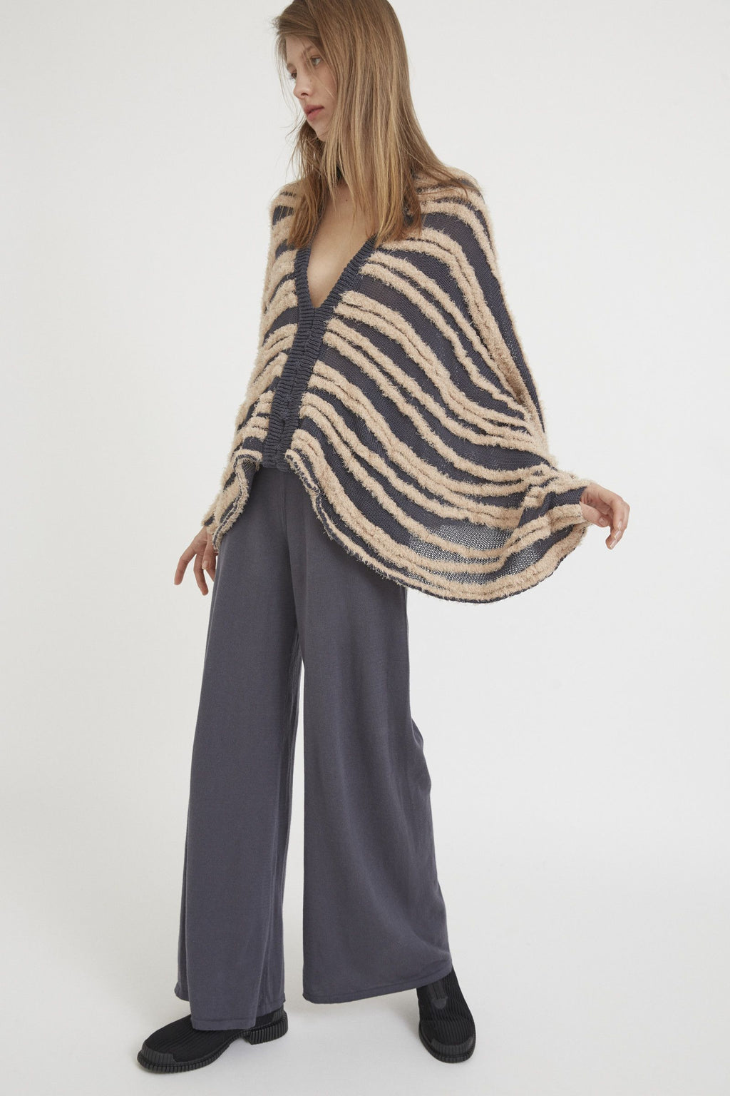 Ester Ferrando Branches Poncho: Flowy Cotton Knit with Ribbed V-Neck