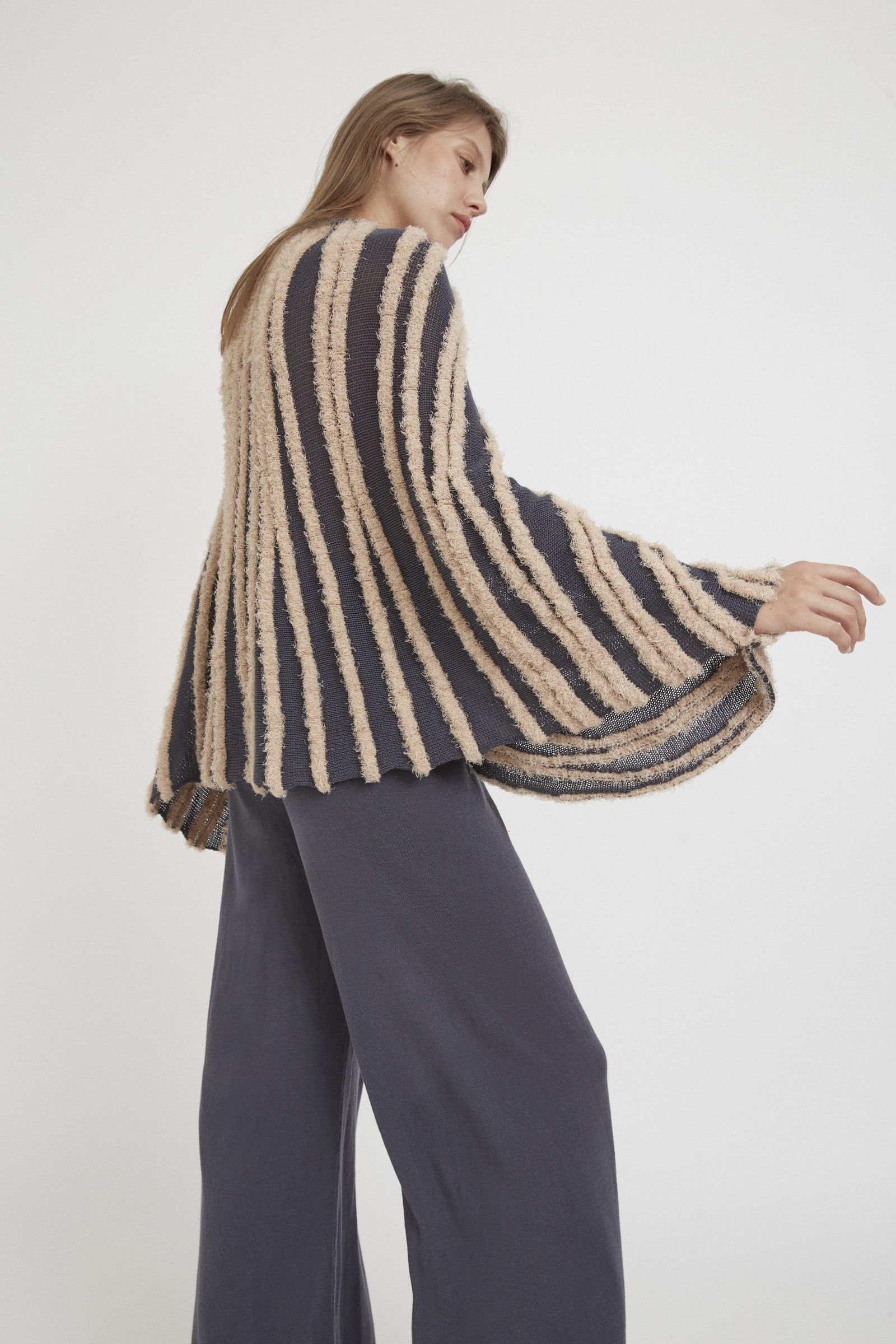 Ester Ferrando Branches Poncho: Flowy Cotton Knit with Ribbed V-Neck