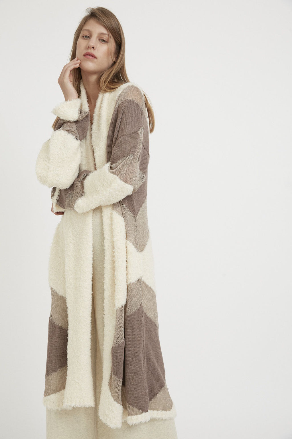 Elegant Crystal Long-Length Cardigan: Textured Semitransparent Design for Women