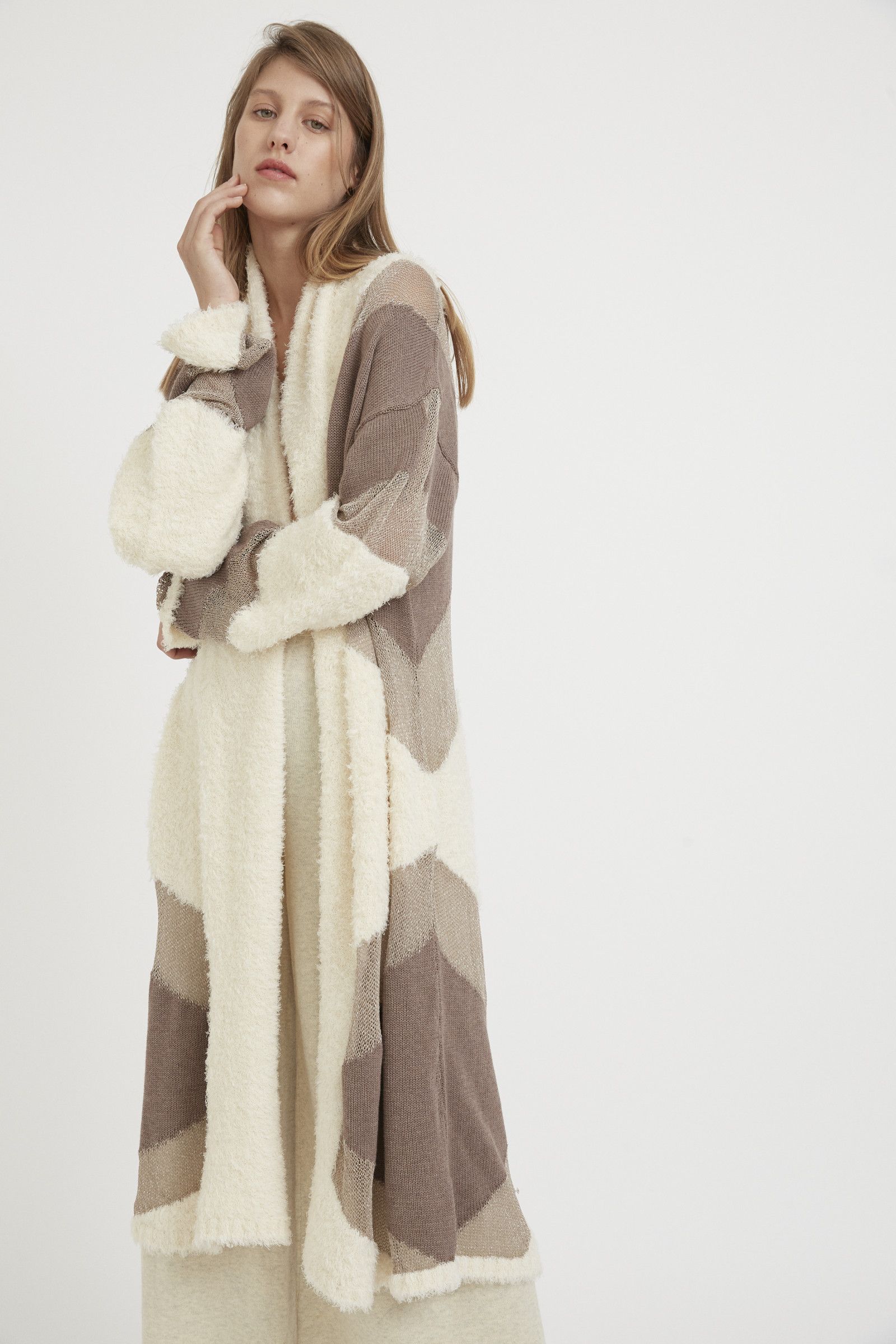 Elegant Crystal Long-Length Cardigan: Textured Semitransparent Design for Women