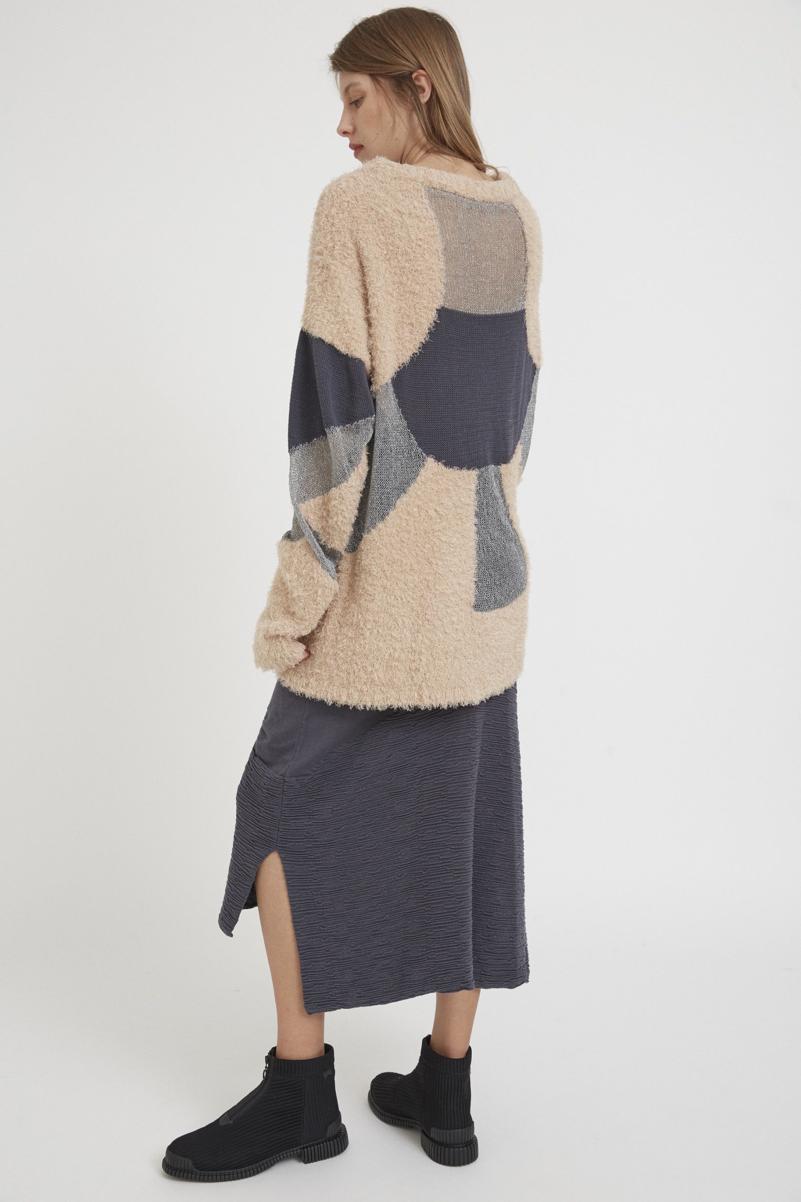 Elegant Crystal Long Sweater: Loose-Fit Textured Semitransparent Cotton Viscose Knit