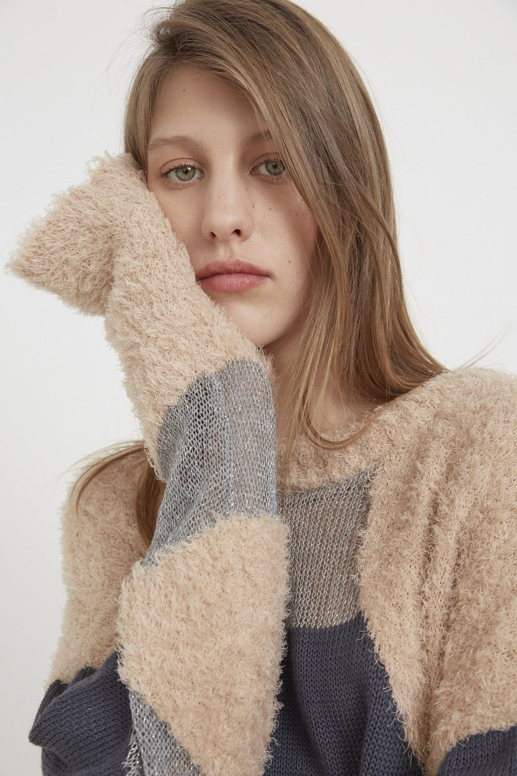 Elegant Crystal Long Sweater: Loose-Fit Textured Semitransparent Cotton Viscose Knit