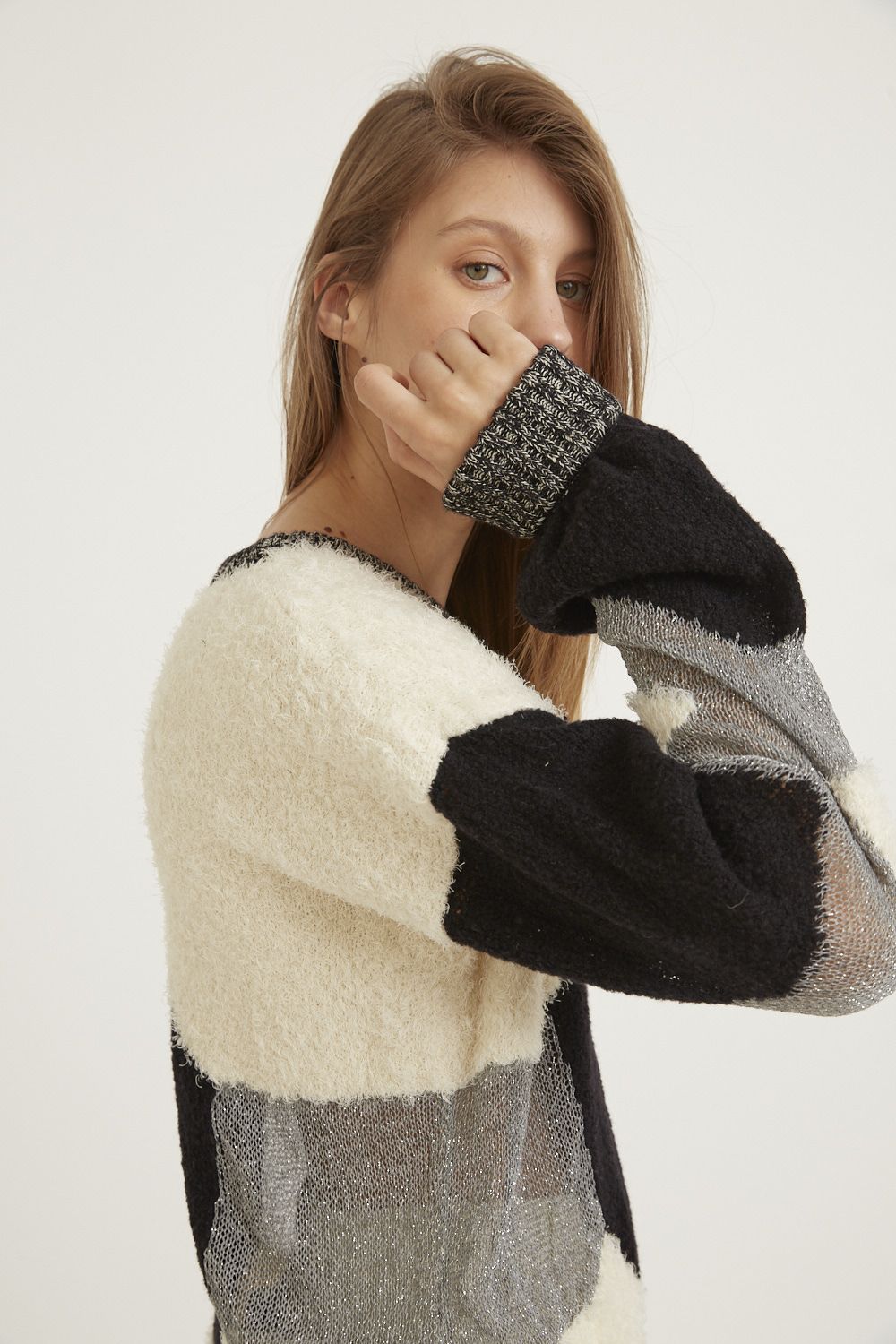 Crystal Short Sweater: Loose-Fit Textured Cropped Translucent Knitwear with Baggy Sleeves