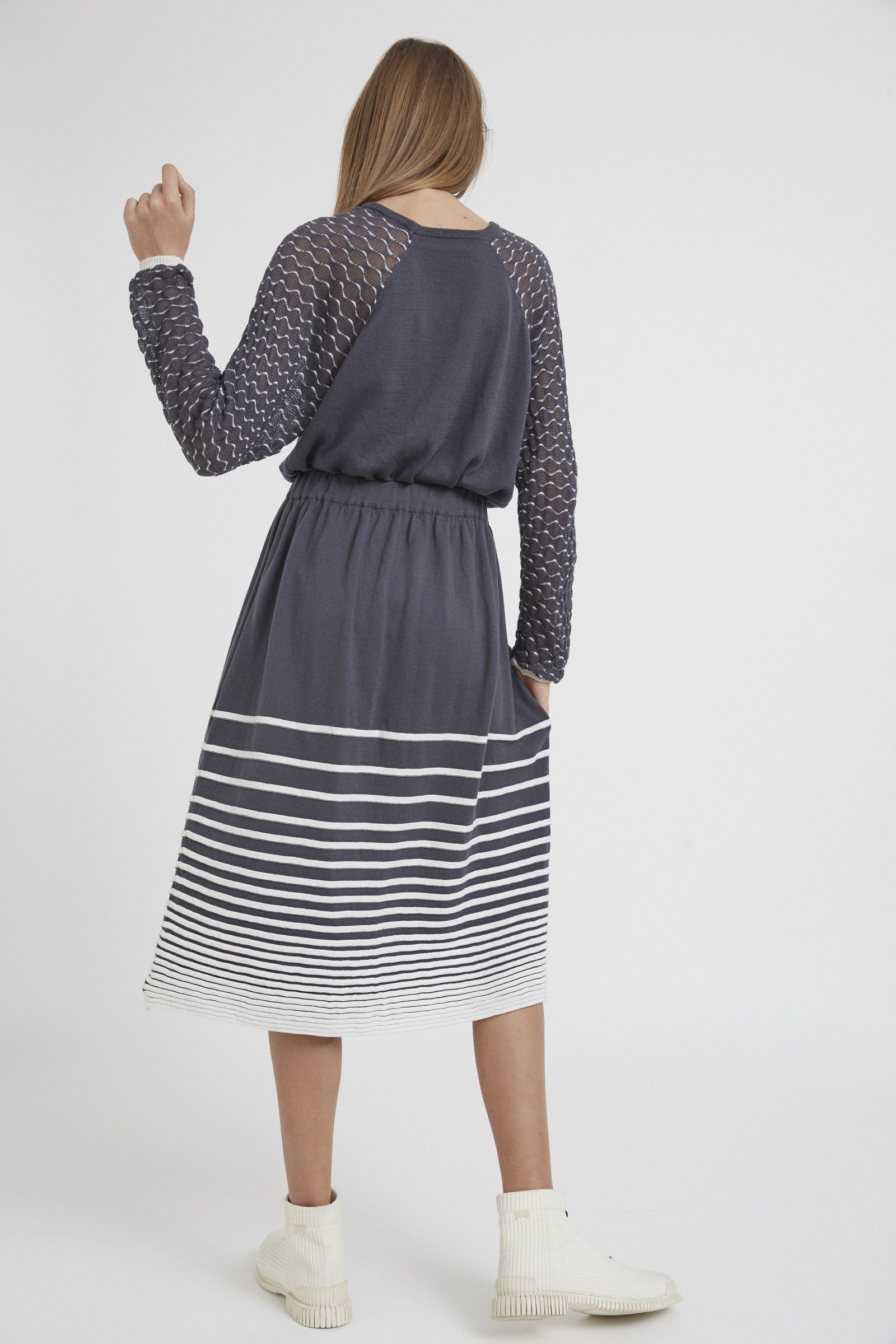 Pure Cotton A-Line Midi Skirt: Elastic Waist, 3D Stripe Design